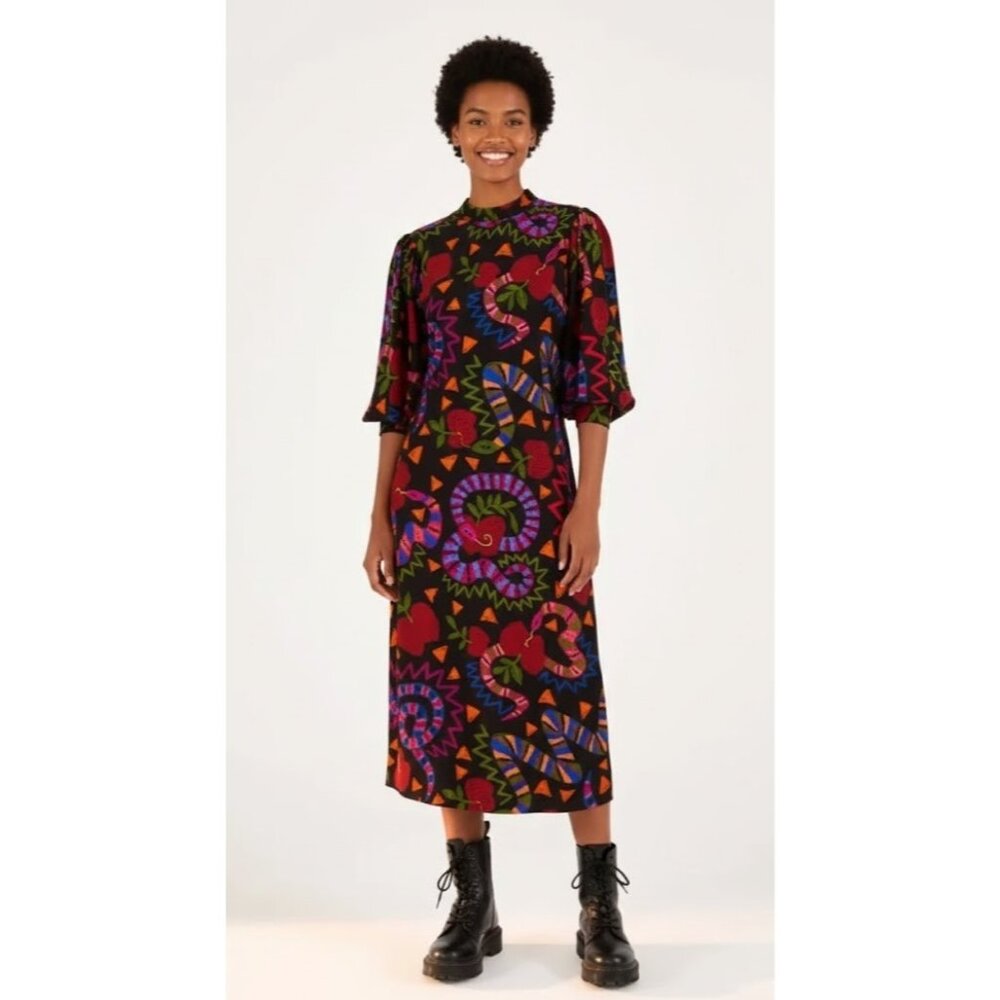 NWT FARM Rio Jungle Snake Fruit Midi in Black Apple Puff Sleeve Dress S $195